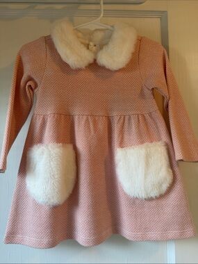 Hatley Pink Dress with Cream Faux-Fur Collar & Pockets
